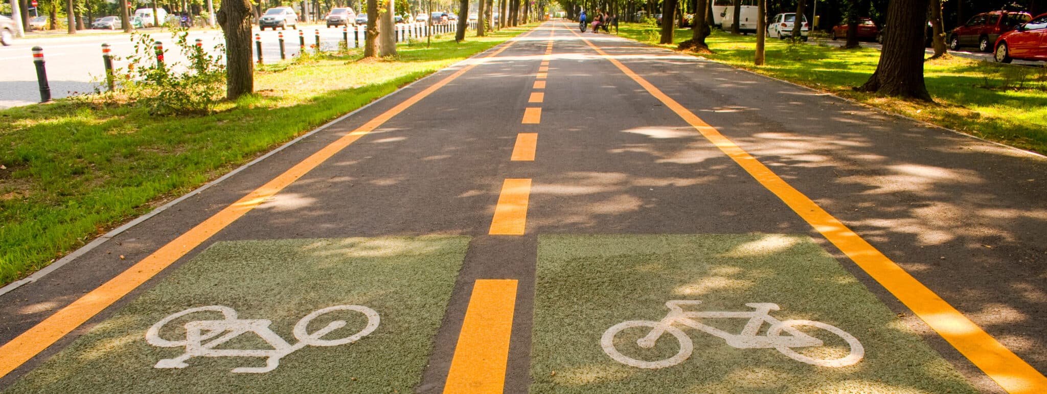 Biking path with bright yellow markings.